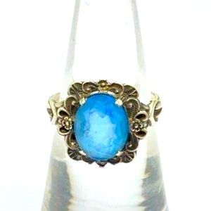 925 Sterling Silver Ring w/ blue Oval Faceted Glass